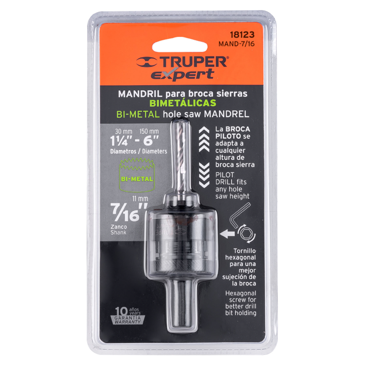 MANDRIL PARA SIERRA COPA BIMETALICA 7/16" TRUPER 18123