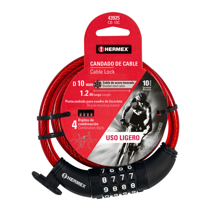 CANDADO PARA BICICLETA COMBINACION FINO 10X1000MM HERMES
