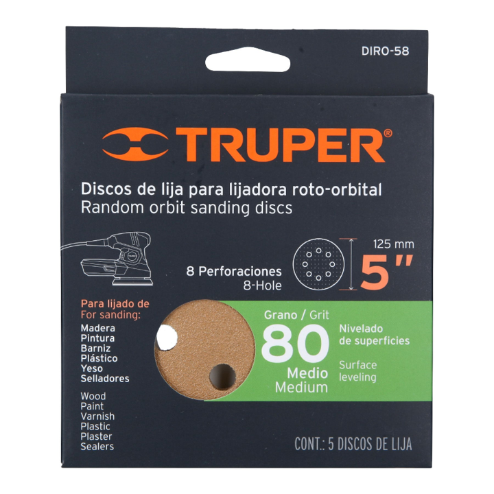 DISCO LIJADORA ORBITAL 5" G80 X 5UND TRUPER