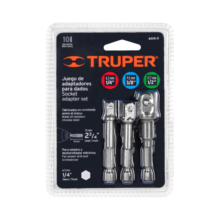 JUEGO DE 3 ADAPTADORES PARA COPAS 1/4",3/8 Y 1/2" TRUPER C23974