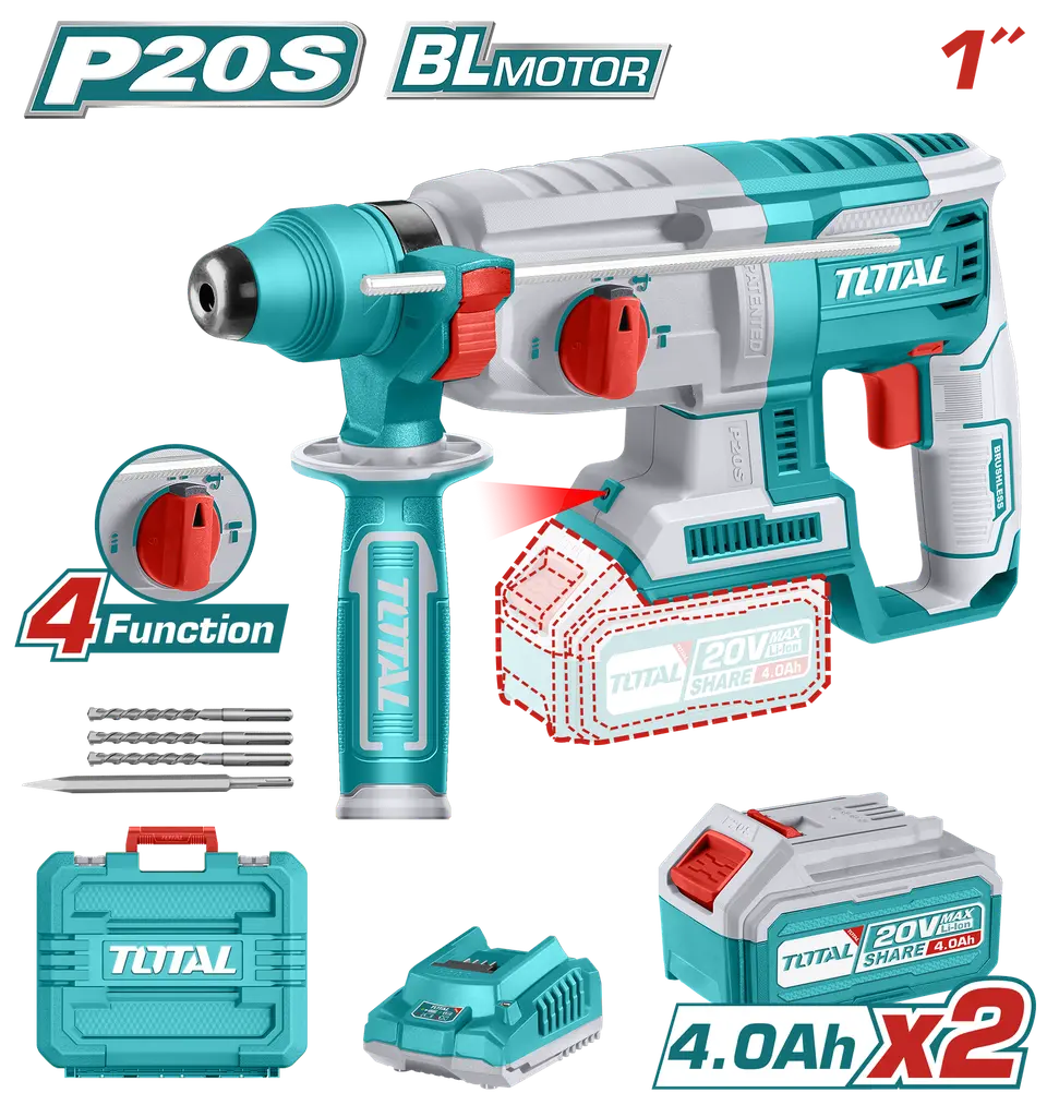 TALADRO ROTOMARTILLO 20V SDS PLUS 2,5 JULES INCLUYE 2 BATERIAS Y 1 CARGADOR SUPER TOTAL (UTRHLI202287)