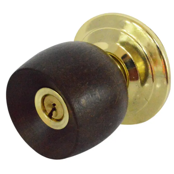CHAPAS PUERTA ALCOBA POMO MADERA CAFE OSCURA ESCUDO DORADO UDUKE