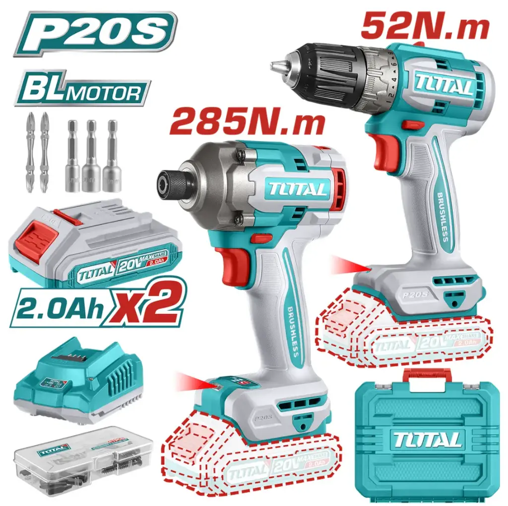 COMBO ATORNILLADOR DE IMPACTO 1/4" 20V 285 N.M INALÁMBRICO + TALADRO 3/8" 52 N.M INCLUYE 2 BATERÍAS, 1 CARGADOR Y ACCESORIOS INDUSTRIAL SUPER TOTAL (UTCKLI20272)