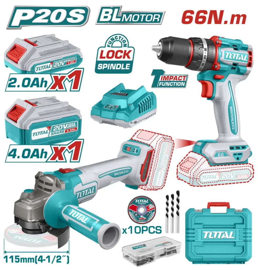 COMBO INALÁMBRICO TALADRO 1/2" 20V 66NM + PULIDORA 4 1/2" INCLUYE 1 BATERÍA 20V (2.0AH), 1 BATERÍA 20V (4.0AH), CARGADOR 20V, 10 DISCOS DE CORTE Y ACCESORIOS TOTAL (UTCKLI20273)
