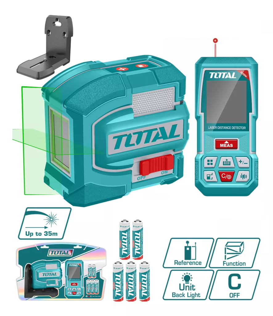 KIT DE NIVEL LASER 0-35M LUZ VERDE INDUSTRIAL (TLL156601) + MEDIDOR DE DISTANCIAS LASER 60MTS (TMT57026) SUPER TOTAL (TOSLL0401)