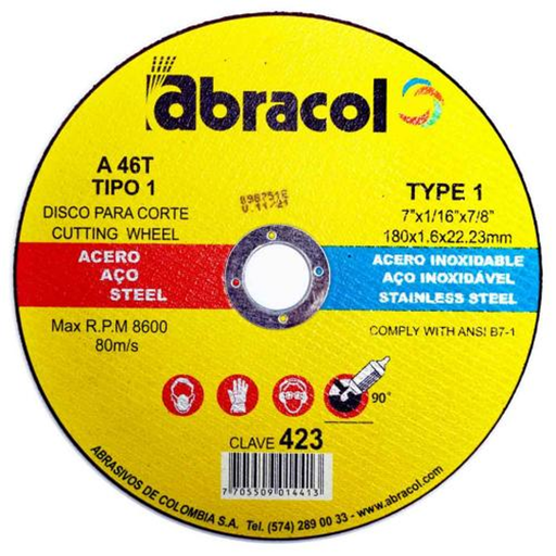 [11573] DISCO CORTE METAL/ ACERO 4 -1/2" X 1/4 ABRACOL AMARILLO