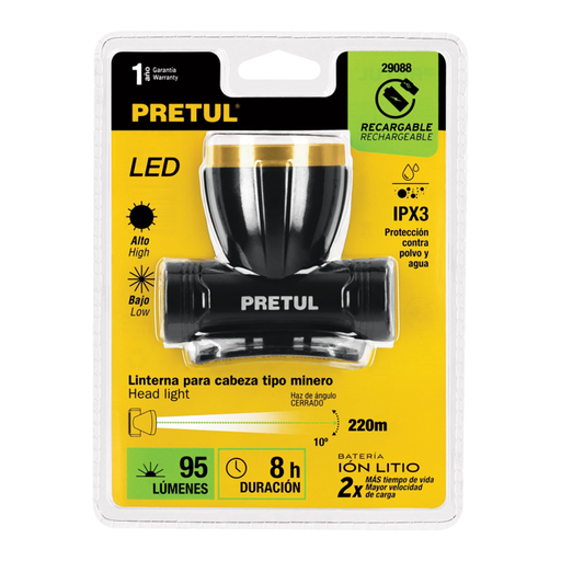 [12382] LINTERNA FRONTAL MANOS LIBRES 90LM RECARGABLE PRETUL C:29088
