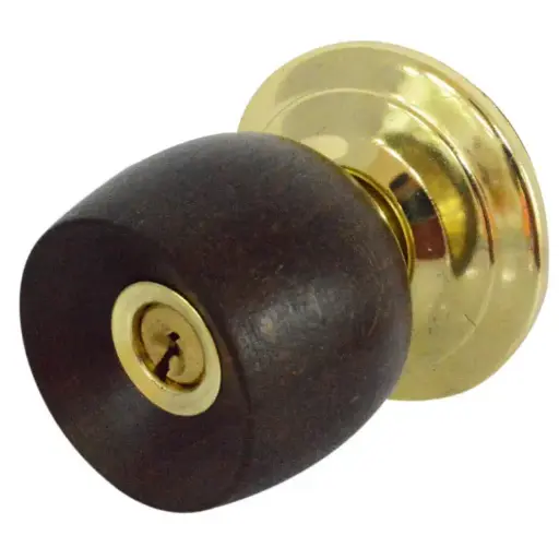 [11032] CHAPAS PUERTA ALCOBA POMO MADERA CAFE OSCURA ESCUDO DORADO UDUKE