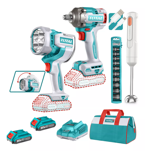 [18224] PISTOLA IMPACTO INALAMBRICA 1/2 400NM + LAMPARA DE TRABAJO INALAMBRICA 2000 LUMENES + BATIDORA RECARGABLE INCLUYE 2 BATERIAS 2.0 AH, CARGADOR Y COPAS INDUSTRIAL SUPER TOTAL ( UTOSLI240961)