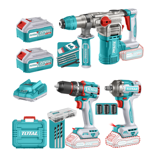 [18365] COMBO INALAMBRICO 20V TALADRO ATORNILLADOR 1/2" 66 N.M + PISTOLA DE IMPACTO 1/2" 400 N.M + TALADRO ROTOMARTILLO SDS PLUS 4.5 JULES INCLUYE 2 BATERIA 5.0AH , 1 CARGADOR Y ACCESORIOS INDUSTRIAL SUPER TOTAL (UTCKLI20638)